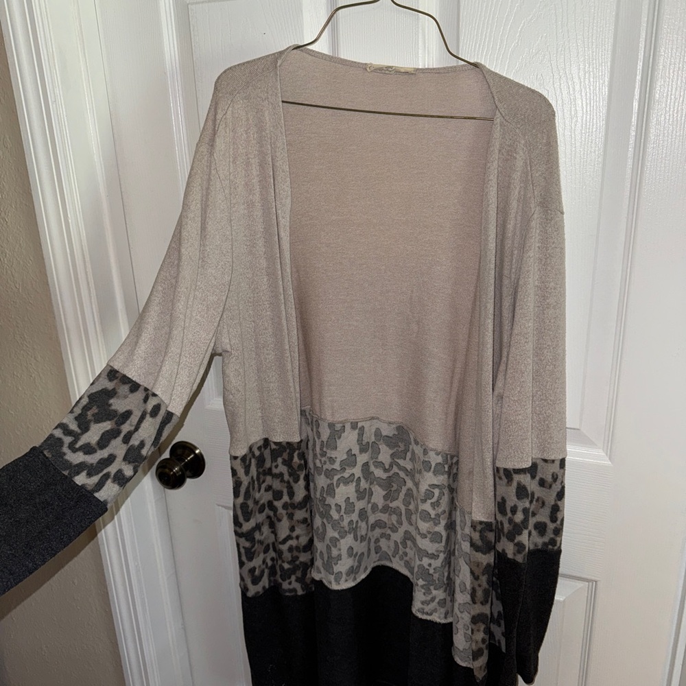 Cream and Black Open-Front Cardigan with Leopard Print